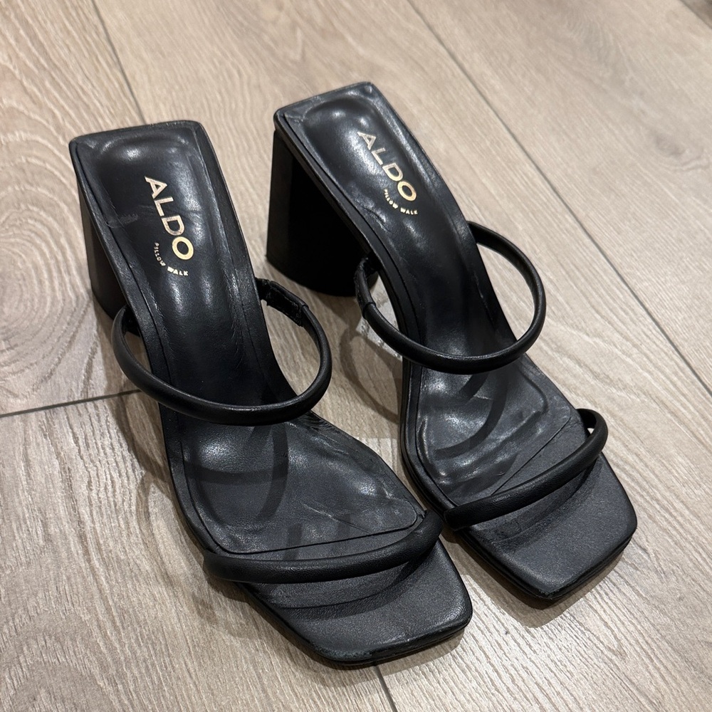 Aldo Black Minimal Double-Strap Block Heels
